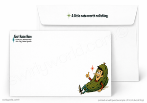 Two white printed envelopes shown on a white background. The front envelope displays a cartoon green slug character giving a thumbs-up with the text 'A little note worth relishing' on the flap, and the back envelope shows placeholder text for name and address.