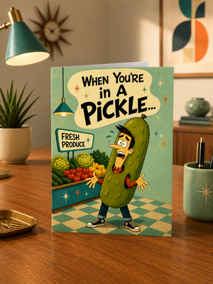 A rectangular greeting card standing on a wooden table, printed with a cartoon pickle character and the text 'WHEN YOU'RE IN A PICKLE.