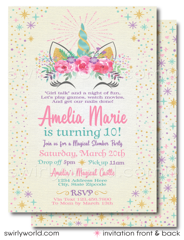 Enchant your tween girl's birthday with our Magical Unicorn Theme Birthday Party Invitation & Thank You Card digital download set. 🌸🦄 Perfect for slumber parties, this customizable set features vintage watercolor flowers & pastel hues. Edit easily with Corjl & create a magical celebration!