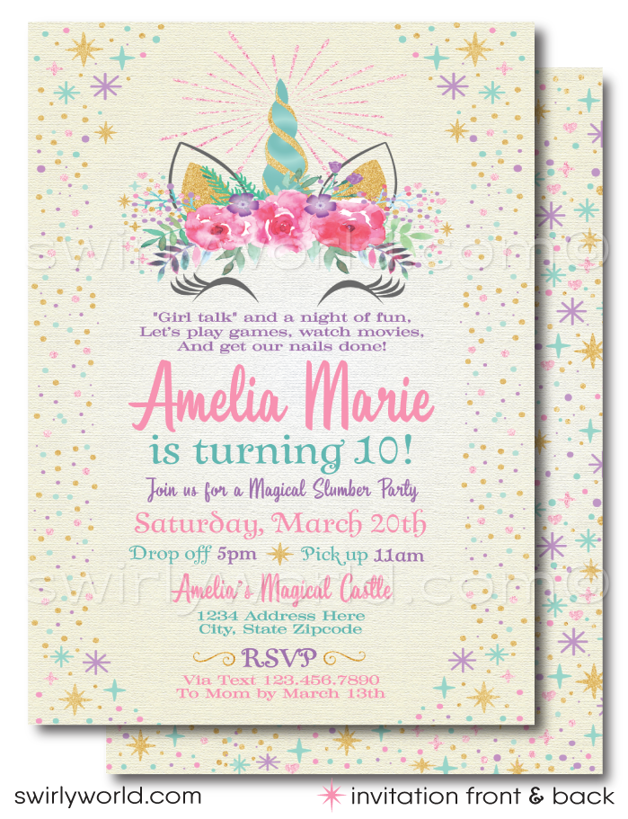 Step into a realm of enchantment with our Magical Unicorn Theme Birthday Party Invitation and Thank You Card set. Designed to captivate and charm, the invitation and thank you card feature a stunning unicorn head, adorned with vintage watercolor flowers that bring a touch of elegance and whimsy.