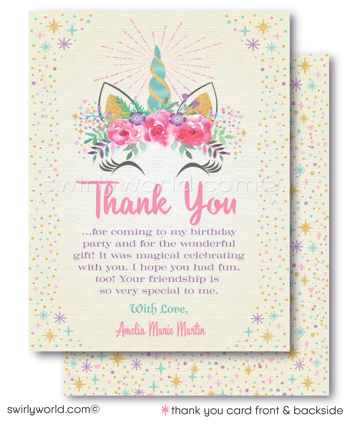 Step into a realm of enchantment with our Magical Unicorn Theme Birthday Party Invitation and Thank You Card set. Designed to captivate and charm, the invitation and thank you card feature a stunning unicorn head, adorned with vintage watercolor flowers that bring a touch of elegance and whimsy.