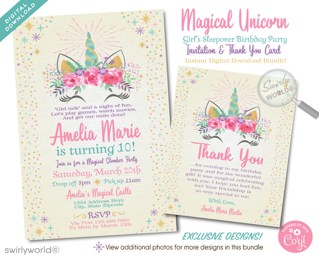 Step into a realm of enchantment with our Magical Unicorn Theme Birthday Party Invitation and Thank You Card set. Designed to captivate and charm, the invitation and thank you card feature a stunning unicorn head, adorned with vintage watercolor flowers that bring a touch of elegance and whimsy.