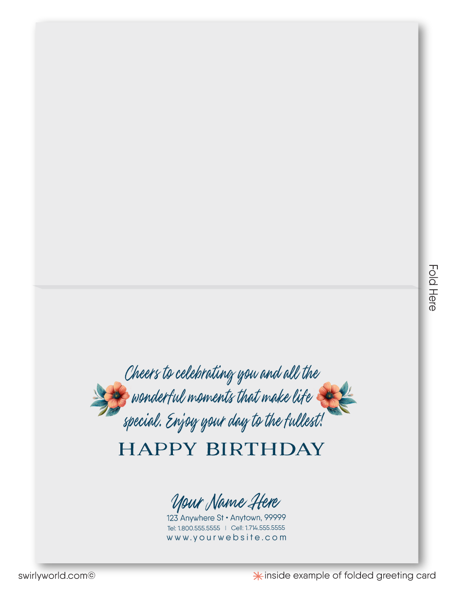 Celebrate your clients' special day with our unique Happy Birthday card featuring vintage-style calligraphy and botanical floral elements. Available as folded or flat cards, printed on thick card stock with matching envelopes. Upgrade to customized envelopes with your logo for a professional touch.