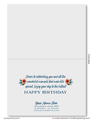 Celebrate your clients' special day with our unique Happy Birthday card featuring vintage-style calligraphy and botanical floral elements. Available as folded or flat cards, printed on thick card stock with matching envelopes. Upgrade to customized envelopes with your logo for a professional touch.