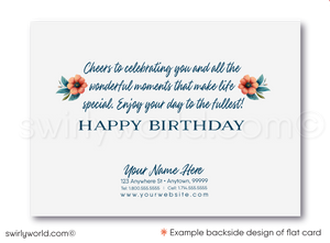 Celebrate your clients' special day with our unique Happy Birthday card featuring vintage-style calligraphy and botanical floral elements. Available as folded or flat cards, printed on thick card stock with matching envelopes. Upgrade to customized envelopes with your logo for a professional touch.