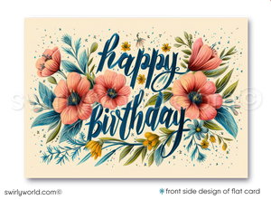 Celebrate your clients' special day with our unique Happy Birthday card featuring vintage-style calligraphy and botanical floral elements. Available as folded or flat cards, printed on thick card stock with matching envelopes. Upgrade to customized envelopes with your logo for a professional touch.