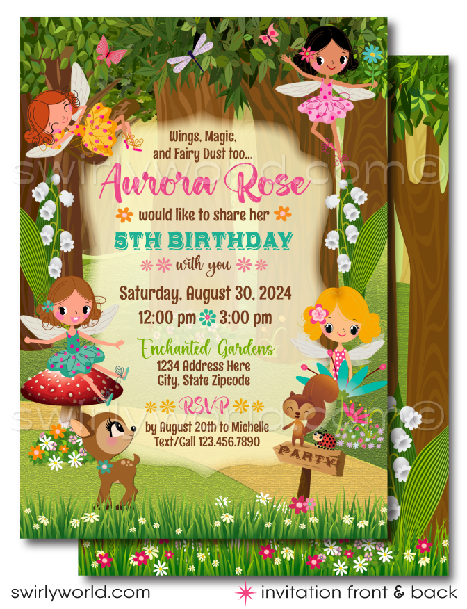 Step into a magical celebration with our enchanting Whimsical Pixies Woodland Forest digital invitation! Perfect for setting the tone for a fairy-tale Pixie-themed birthday party, this downloadable invitation features a lush forest backdrop, complete with cascading trees and beautiful garden florals. Watch as darling fairies frolic and fly around, adding a touch of whimsy and charm to your special day.