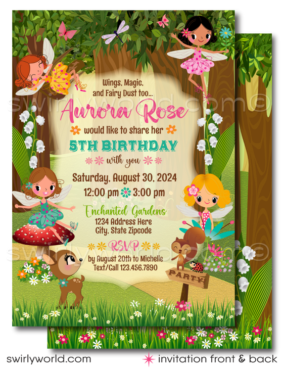 Step into a magical celebration with our enchanting Whimsical Pixies Woodland Forest invitation set! Perfect for setting the tone for a fairy-tale pixie-themed birthday party, this invitation features a lush forest backdrop, complete with cascading trees and beautiful garden florals. Watch as darling fairies frolic and fly around, adding a touch of whimsy and charm to your special day.