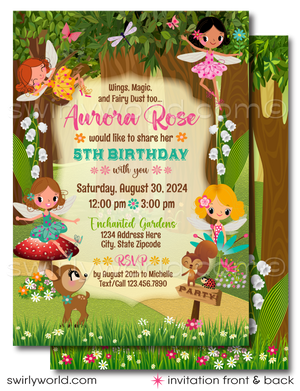 Step into a magical celebration with our enchanting Whimsical Pixies Woodland Forest invitation set! Perfect for setting the tone for a fairy-tale pixie-themed birthday party, this invitation features a lush forest backdrop, complete with cascading trees and beautiful garden florals. Watch as darling fairies frolic and fly around, adding a touch of whimsy and charm to your special day.