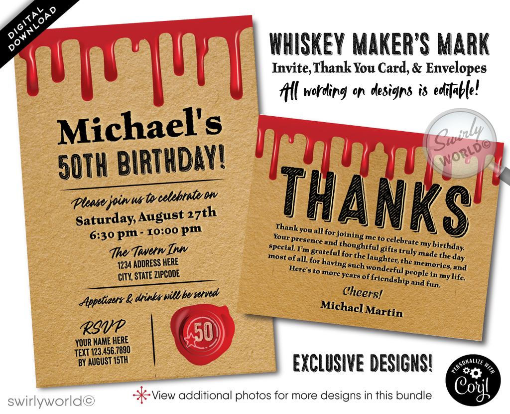 Raise a glass to sophistication and style with our "Makers Mark" inspired birthday invitation, perfectly crafted for the whiskey aficionado celebrating another year of fine taste. This digital invitation boasts a craft paper background, lending an air of authenticity and rustic charm that pairs seamlessly with the spirit of whiskey appreciation.