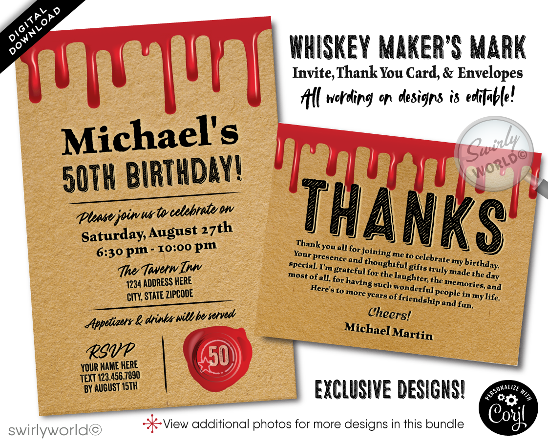 Raise a glass to sophistication and style with our "Makers Mark" inspired birthday invitation, perfectly crafted for the whiskey aficionado celebrating another year of fine taste. This digital invitation boasts a craft paper background, lending an air of authenticity and rustic charm that pairs seamlessly with the spirit of whiskey appreciation.