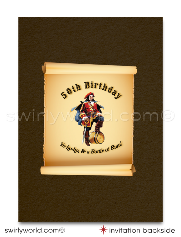 Set sail on a birthday adventure with our "Captain Morgan" Rum Label inspired digital invitation, tailor-made for the rum enthusiast with a love for the high seas. This invitation captures the essence of the iconic Captain Morgan pirate, standing boldly yielding a sword, against a rustic vintage backdrop reminiscent of the legendary rum bottle's label.&nbsp;