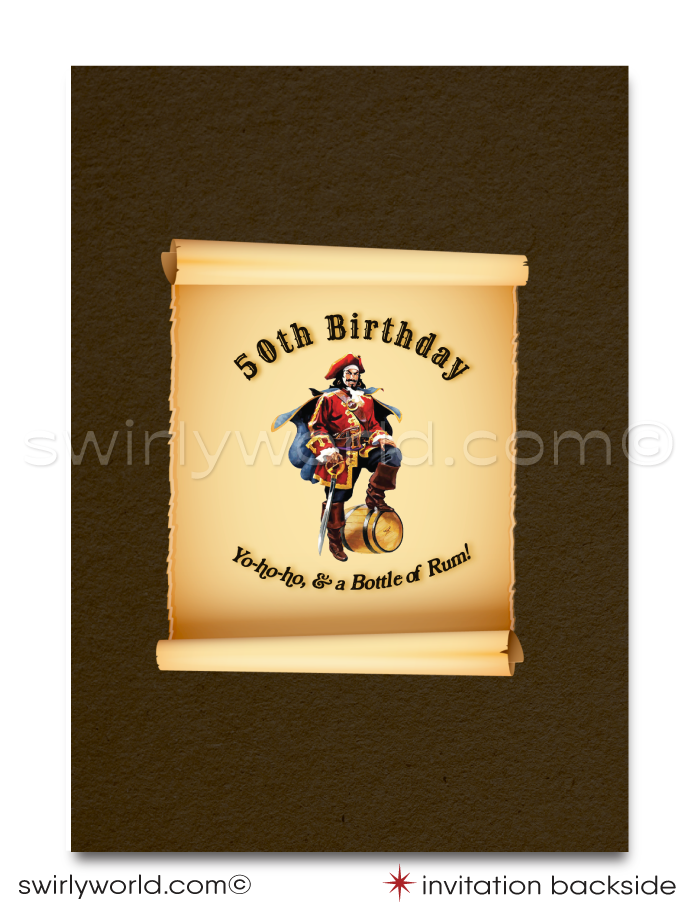 Set sail on a birthday adventure with our "Captain Morgan" Rum Label inspired printed invitation set, tailor-made for the rum enthusiast with a love for the high seas. These designs capture the essence of the iconic Captain Morgan pirate, standing boldly yielding a sword, against a rustic vintage backdrop reminiscent of the legendary rum bottle's label.