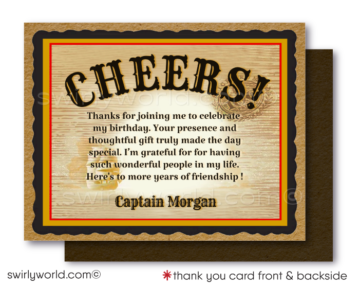 Set sail on a birthday adventure with our "Captain Morgan" Rum Label inspired digital invitation, tailor-made for the rum enthusiast with a love for the high seas. This invitation captures the essence of the iconic Captain Morgan pirate, standing boldly yielding a sword, against a rustic vintage backdrop reminiscent of the legendary rum bottle's label.&nbsp;