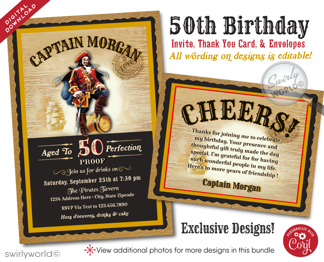 Set sail on a birthday adventure with our "Captain Morgan" Rum Label inspired digital invitation, tailor-made for the rum enthusiast with a love for the high seas. This invitation captures the essence of the iconic Captain Morgan pirate, standing boldly yielding a sword, against a rustic vintage backdrop reminiscent of the legendary rum bottle's label