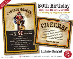 Set sail on a birthday adventure with our "Captain Morgan" Rum Label inspired digital invitation, tailor-made for the rum enthusiast with a love for the high seas. This invitation captures the essence of the iconic Captain Morgan pirate, standing boldly yielding a sword, against a rustic vintage backdrop reminiscent of the legendary rum bottle's label