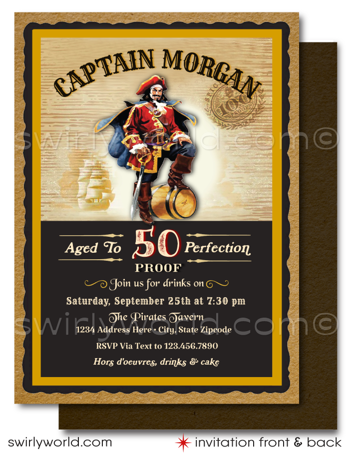 Set sail on a birthday adventure with our "Captain Morgan" Rum Label inspired digital invitation, tailor-made for the rum enthusiast with a love for the high seas. This invitation captures the essence of the iconic Captain Morgan pirate, standing boldly yielding a sword, against a rustic vintage backdrop reminiscent of the legendary rum bottle's label.&nbsp;