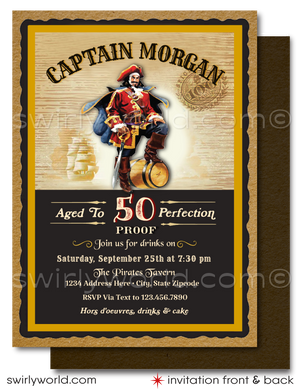 Set sail on a birthday adventure with our "Captain Morgan" Rum Label inspired printed invitation set, tailor-made for the rum enthusiast with a love for the high seas. These designs capture the essence of the iconic Captain Morgan pirate, standing boldly yielding a sword, against a rustic vintage backdrop reminiscent of the legendary rum bottle's label.&nbsp;