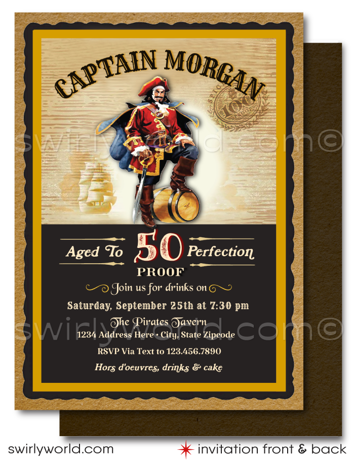 Set sail on a birthday adventure with our "Captain Morgan" Rum Label inspired printed invitation set, tailor-made for the rum enthusiast with a love for the high seas. These designs capture the essence of the iconic Captain Morgan pirate, standing boldly yielding a sword, against a rustic vintage backdrop reminiscent of the legendary rum bottle's label.&nbsp;