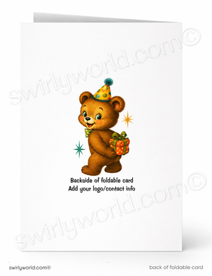 A white foldable greeting card shown front and back. The front features a cartoon brown teddy bear wearing a party hat and holding a gift box, with the text 'Backside of foldable card' and 'Add your logo/contact info' printed below.