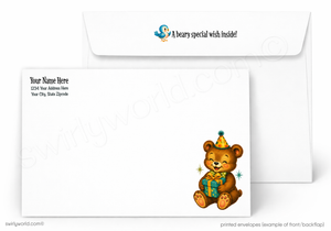 A printed white envelope set shown on a light gray background. The front envelope has a cartoon bear holding a gift box near the lower right corner, and the back flap shows a blue bird logo with the text 'A bear special wish inside!' plus placeholder address and name text on the left.