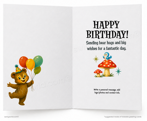 An open folding greeting card with a white background, featuring a brown bear holding colorful balloons on the left page and a 'HAPPY BIRTHDAY!' message with a small blue bird and mushrooms on the right page.