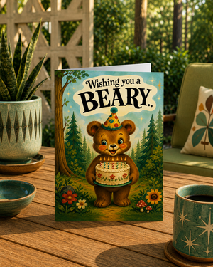 A birthday greeting card featuring a cartoon bear holding a cake in a forest, with the text 'Wishing you a BEARY.