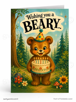 A foldable birthday card shown standing upright on a white background. The front features a whimsical illustration of a brown bear wearing a party hat and holding a birthday cake in a forest setting, with the text 'Wishing you a BEARY.