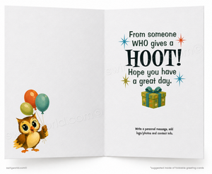 An open greeting card shown front and back. The left panel features a cartoon owl holding orange, green, and teal balloons on a white background.