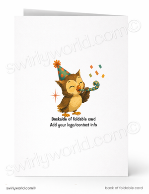 A folded greeting card shown front and back on a white background. The front features a cartoon owl wearing a party hat and blowing a party horn, with confetti and a starburst.