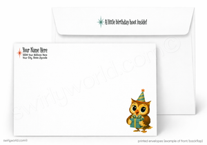 A white printed envelope set shown on a light gray background. The front envelope has a cartoon owl wearing a party hat and holding a gift box in the lower right corner, with placeholder text on the upper left.