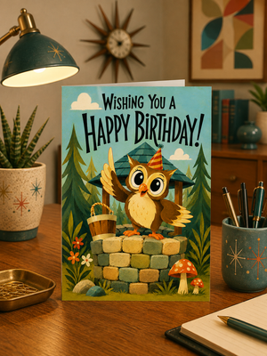 A colorful birthday card featuring an owl perched on a stone wall with the text 'Wishing You A Happy Birthday!' displayed on a wooden desk in a cozy room setting.