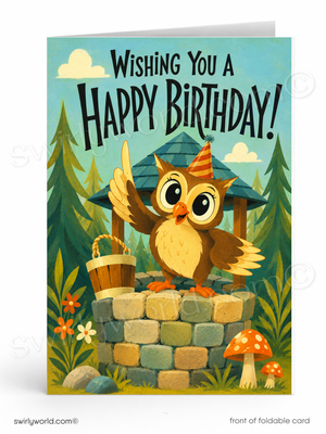 A folded birthday card shown front-facing on a white background. The card features a cartoon owl wearing a party hat standing beside a stone well, with the text 'Wishing You a Happy Birthday!' above it.