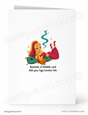 A white foldable greeting card shown front and back on a white background. The front features a colorful illustration of a cartoon girl with yellow hair and red clothing lying on a green pillow, with a blue wavy line above her.