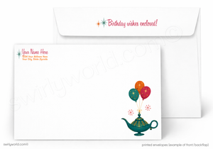 A set of printed birthday envelopes on a white background, with one envelope shown open behind the other. The front envelope features a teal genie lamp with colorful balloons and small star accents, while the back envelope has placeholder text and a pink 'Birthday wishes enclosed!' message.