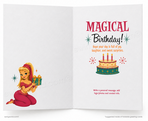 An open greeting card with a white background, featuring the text 'MAGICAL Birthday!' in red and orange, a birthday cake illustration, and a cartoon princess holding a gift box on the left page.
