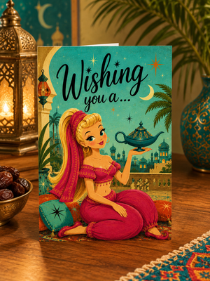 A greeting card featuring an illustrated genie character in a pink outfit holding a lamp, with the text 'Wishing you a.