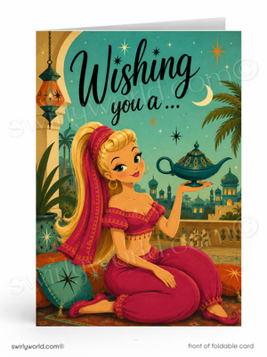 A folded greeting card shown front-on against a white background. The card features an illustrated scene with a woman in a pink and magenta outfit holding a blue genie lamp, with the text 'Wishing you a.