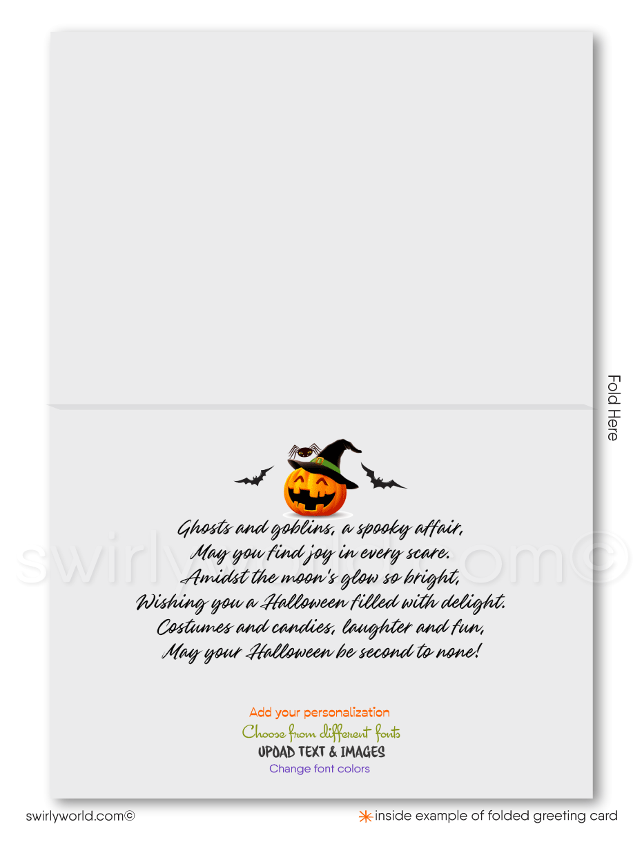 Enchant your clients with Swirly World's realtor-themed Halloween greeting card featuring a cute Realtor® witch, a charming haunted house, pumpkins, bats, and a black cat against a moonlit sky. Customize with different Witch Avatar options for a personal touch and express your appreciation this Halloween!