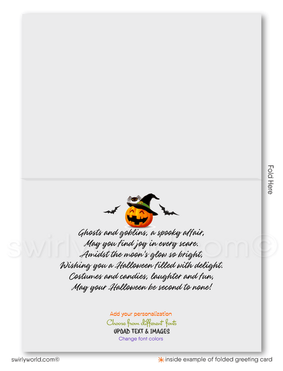 Enchant your clients with Swirly World's realtor-themed Halloween greeting card featuring a cute Realtor® witch, a charming haunted house, pumpkins, bats, and a black cat against a moonlit sky. Customize with different Witch Avatar options for a personal touch and express your appreciation this Halloween!