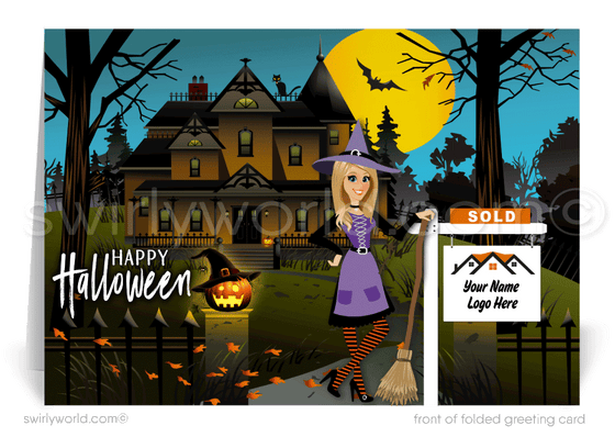 Enchant your clients with Swirly World's realtor-themed Halloween greeting card featuring a cute Realtor® witch, a charming haunted house, pumpkins, bats, and a black cat against a moonlit sky. Customize with different Witch Avatar options for a personal touch and express your appreciation this Halloween!
