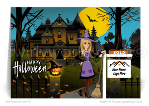 Enchant your clients with Swirly World's realtor-themed Halloween greeting card featuring a cute Realtor® witch, a charming haunted house, pumpkins, bats, and a black cat against a moonlit sky. Customize with different Witch Avatar options for a personal touch and express your appreciation this Halloween!