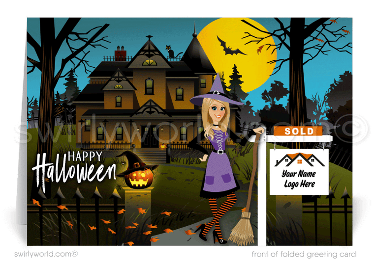 Realtor in Witch Costume Haunted House Client Printed Halloween Cards for Real Estate 