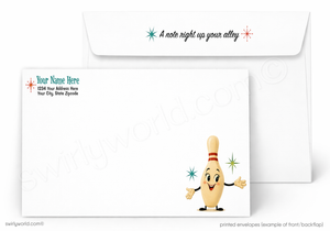 A set of white printed envelopes shown on a light gray background. The front envelope features a cartoon bowling pin character with arms outstretched, and the back envelope shows sample text fields and a small decorative starburst logo.