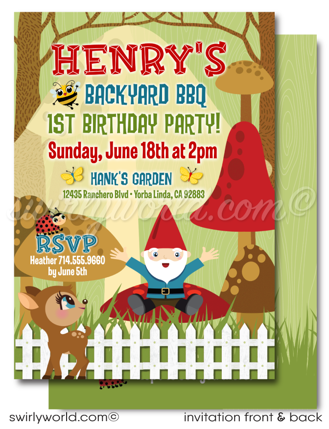 Step into enchantment with our Exclusive Garden Gnome Theme Birthday Invitation Set! 🌿🎉 Perfect for your child's first birthday BBQ, featuring whimsical gnome, mushrooms, and forest backdrop. Digital download includes invites, thank you cards, and envelopes. Easily customizable for a magical celebration! ✨🍄