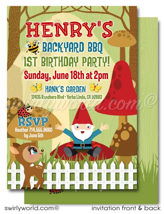 Garden Gnome Backyard BBQ Birthday 1st Birthday Party Invitation Digital Design