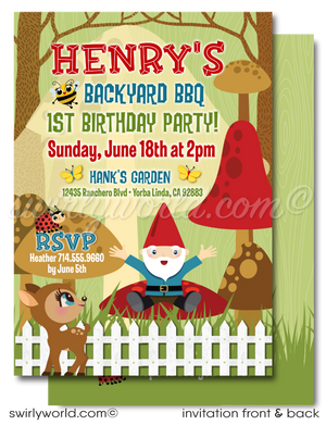 Transform your backyard into an enchanting retreat with our Garden Gnome Theme Birthday Invitation Set! 🌿🎉 Perfect for an outdoor BBQ first birthday, featuring whimsical gnome, mushrooms, baby deer, and a forest backdrop. Includes invites, thank you cards, and envelopes. Expertly printed and shipped to your door! ✨🍄