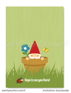 Woodland Forest Garden Gnome Summer Backyard BBQ Birthday Party Printed InvitationsTransform your backyard into an enchanting retreat with our Garden Gnome Theme Birthday Invitation Set! 🌿🎉 Perfect for an outdoor BBQ first birthday, featuring whimsical gnome, mushrooms, baby deer, and a forest backdrop. Includes invites, thank you cards, and envelopes. Expertly printed and shipped to your door! ✨🍄