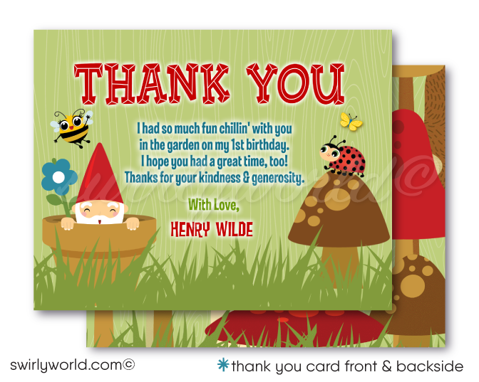 Transform your backyard into an enchanting retreat with our Garden Gnome Theme Birthday Invitation Set! 🌿🎉 Perfect for an outdoor BBQ first birthday, featuring whimsical gnome, mushrooms, baby deer, and a forest backdrop. Includes invites, thank you cards, and envelopes. Expertly printed and shipped to your door! ✨🍄