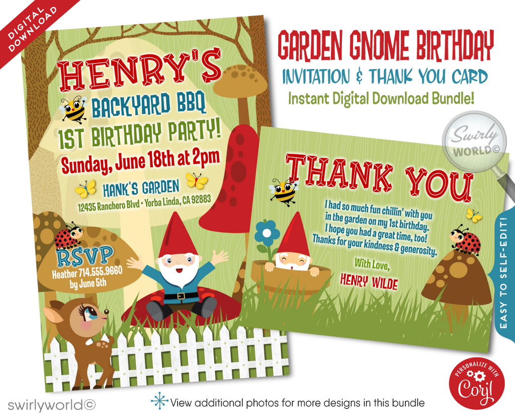 Garden Gnome Backyard BBQ First 1st Birthday Party Invitation Digital Design Set